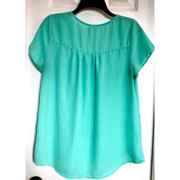 NEON SOUL - EUC - L Sz M Scoop Neck Cap Sleeve Pocket Blouse/Aqua 100% Polyester - Picture 10 of 11